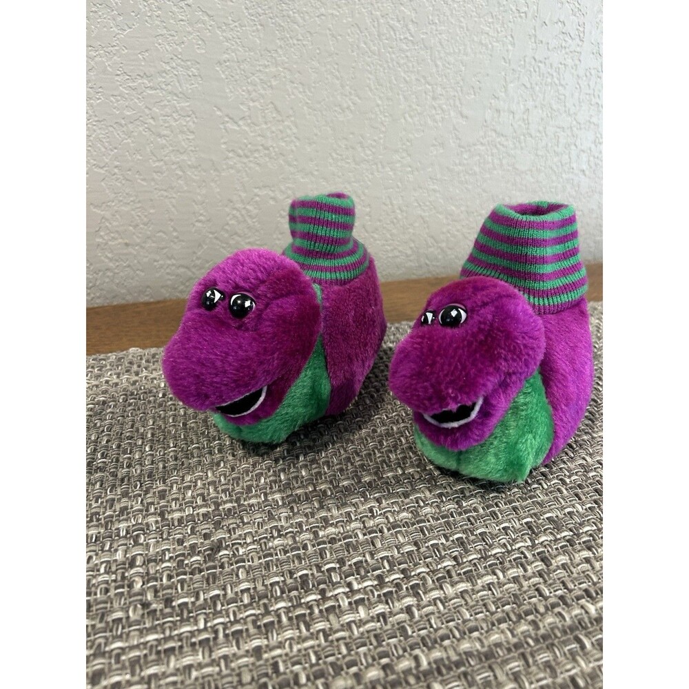 Vintage Barney The Dinosaur Slippers Plush 90s Kids Size 7-8 Purple Green 1993